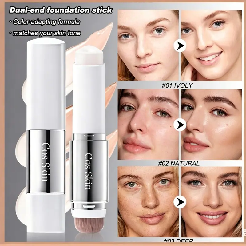 Two-In-One Color-Changing Cosmetic Foundation Stick, Natural Highlight, Smooth Fit, Long-Lasting, Flawless, Pore Minimizing, Full Coverage, with Brush