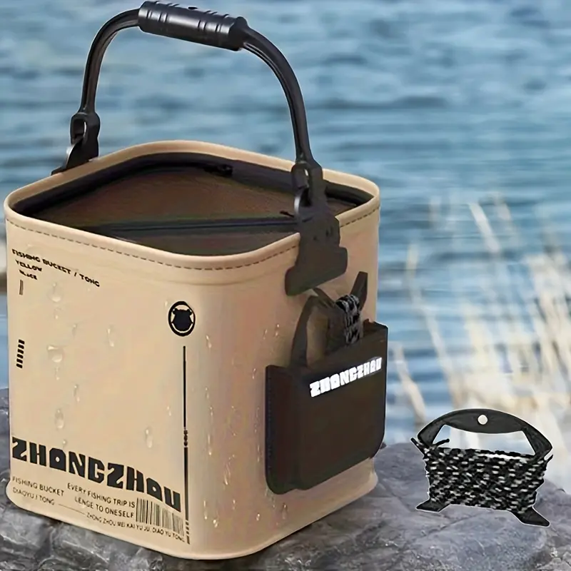 Collapsible Fishing Bucket, 3.7 Gal Solid Khaki EVA Live Bait Container with Zipper Lid and Rope for Camping and Fishing, Outdoor, Solid Color