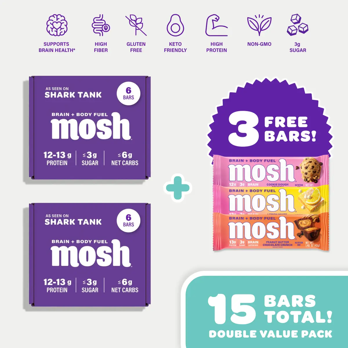 MOSH Protein Bars Shark Tank Bundle, 12g Grass-Fed Whey, Gluten-Free, with Lion's Mane & B12 for Brain Health - 15-Pack Snack