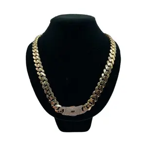 MONACI 14K Yellow Gold Hollow Cuban Chain Necklace 24 Inches 13.0MM Cubic Zirconia Lock Handcrafted in New York City US