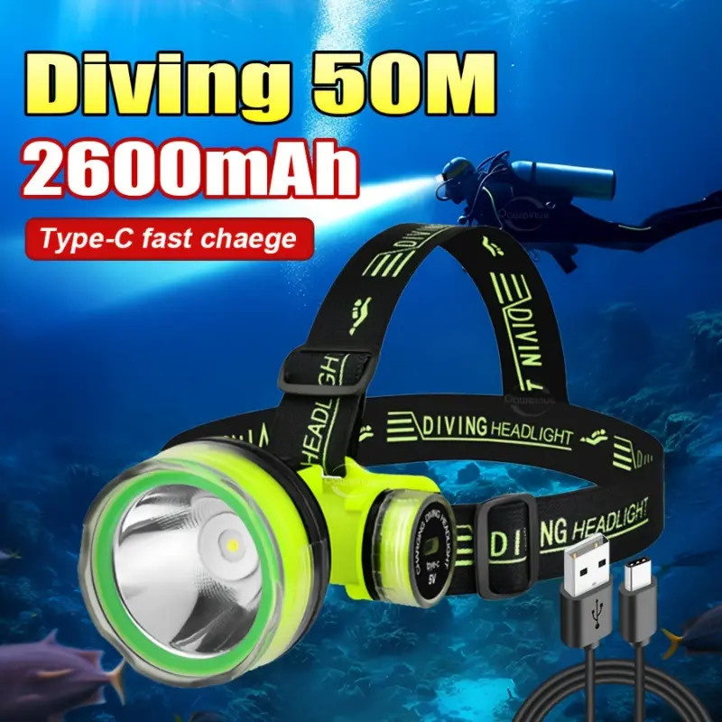 New Rechargeable Diving Headlamp - Head-Mounted Wear, High-Capacity Rechargeable Battery, Type-C Fast Charging, Super Bright Polished Finish Functional Underwater Dive Light