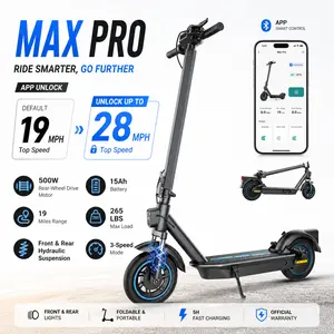 28MPH Max Speed Max Pro Electric Scooter 500W Motor Rear Wheel Drive Front Rear Hydraulic Suspension 15Ah Battery Long Range 19 Miles 265 Lbs Max Load 3 Speed Modes Foldable Portable Front Rear Lights App Smart Control