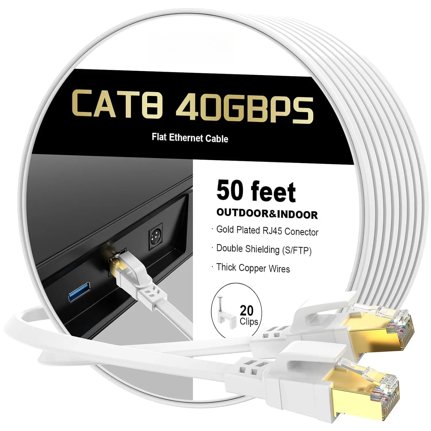 8 Ethernet  50 ft, 15ft 20ft 25ft 30ft 40ft 60ft 75ft 100ft  Internet  Network Cord with  Plated RJ45 Connector 40Gbps 2000Mhz LAN  Shielded Outdoor Indoor
