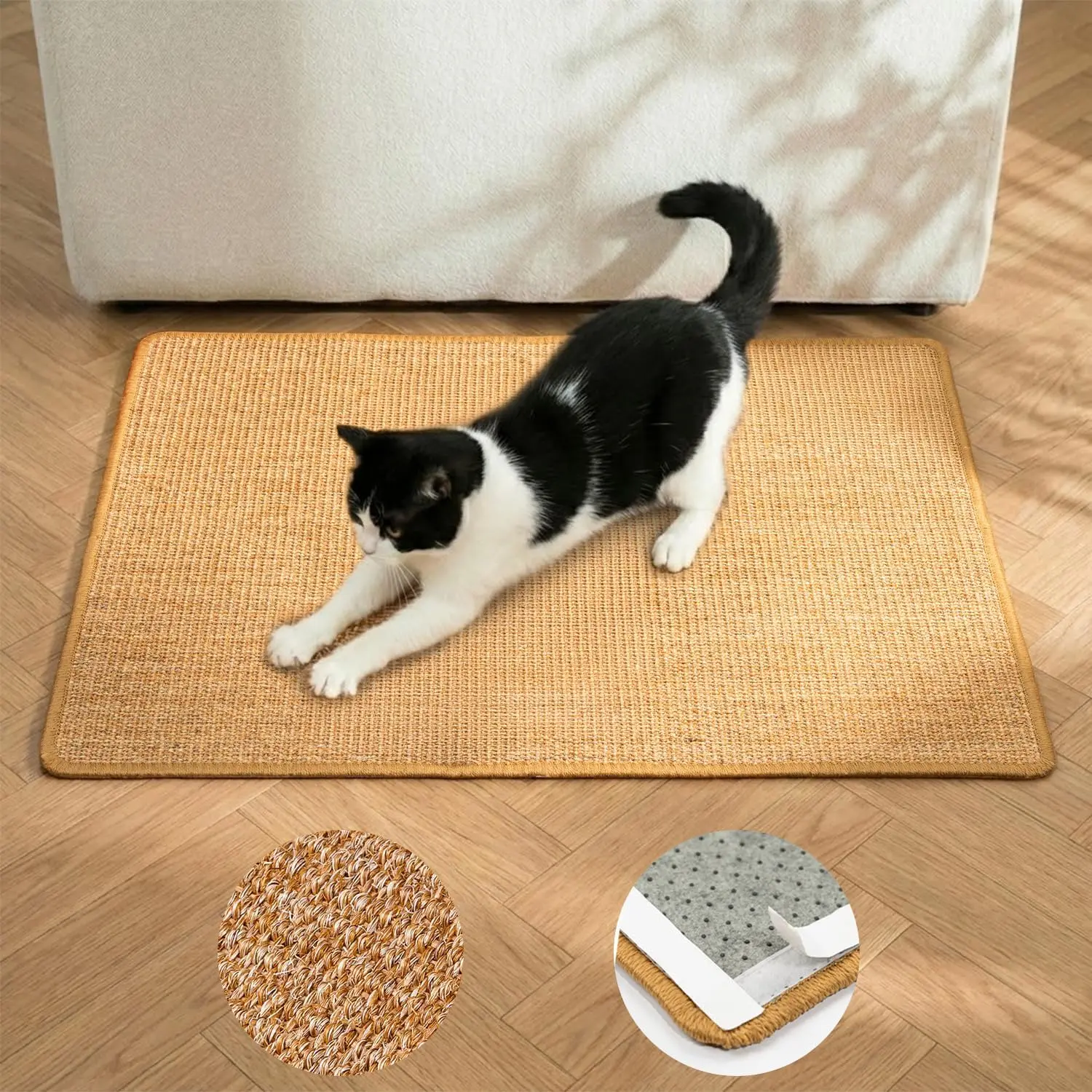 The Sofa Savior—A Natural Sisal Cat Scratching Mat. An essential accessory designed specifically for indoor cats, part of a comprehensive range of daily pet supplies that includes cat trees, scratching boards, and more.