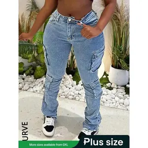 Plus Size solid-color pocket-design high-waisted denim jeans — a casual, fashionable basic suitable for everyday outdoor wear, fitted curved streetwear, suitable for all seasons; women’s bottoms; GARMENTARY