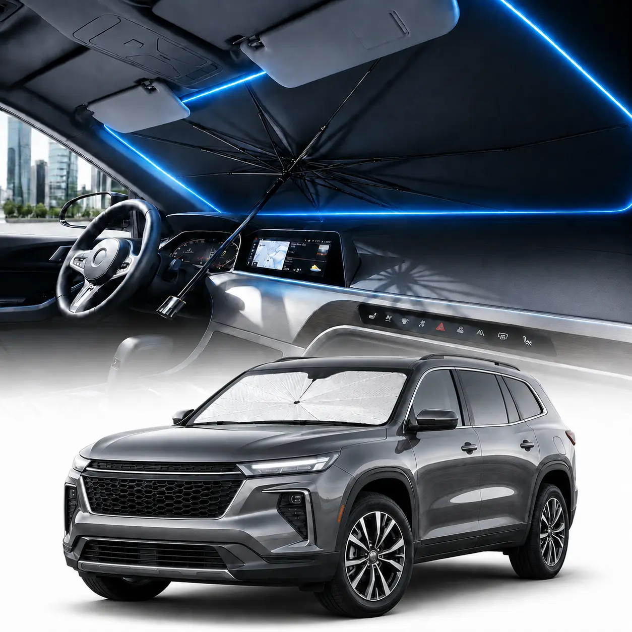 Upgraded Reflective Car Windshield Sunshade Umbrella, Large Foldable Pop-Up Auto Front Window Heat Insulation Cover, 99% UVA-UVB Blocker Cooling Anti-Aging Shield for Sedan SUV, Portable Summer Cars Accessories, Foldable Windshield Sunshade Front Window