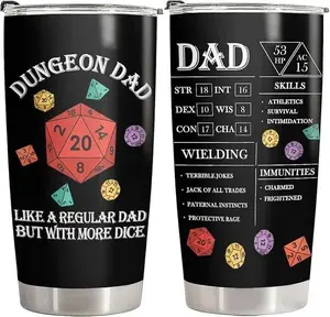Dungeon Dad Tumbler 20oz with Lid, DND Daddy Insulated Travel Coffee Mug, Funny RPG Dragons Dice Father's Day Gift - Birthday Present to Men, Papa and Husband