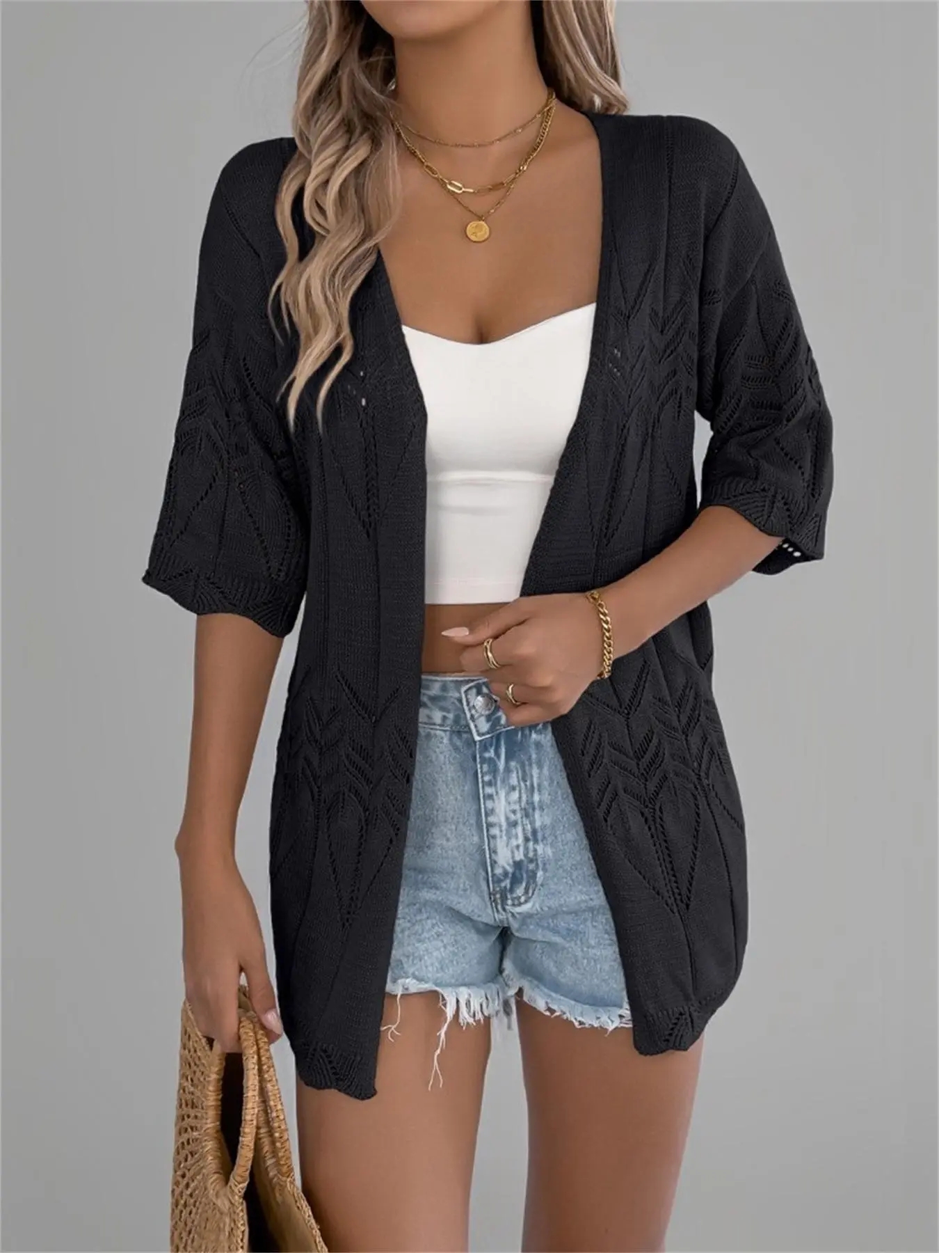 Women's Solid Open Front Sweater Cardigan without Bottom, Casual 3/4 Sleeve Loose Fit Lightweight Knitting Knitwear for All Seasons, Fashion Women's Knit Clothing for Daily Wear, Womenswear