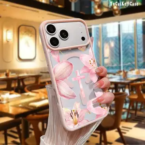 Religious Premium Magnetic Phone Cases for iPhone11/12/13/14/15/16//17/Air/promax/Plus Pink Lily & Cross y2k cased MagSafe Ready, Anti-Fall, Springtok and Ultra-Thin Design |   Perfect for Everyday Use Screen Protector Resistance