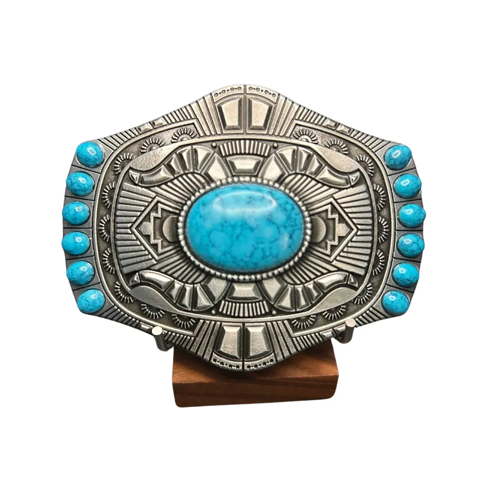 Lohkko Women's Western Belt Buckle with Turquoise Stones Vintage Brass Concho Design Southwestern Cowgirl Accessory for 1.5" Belts 4"x3"