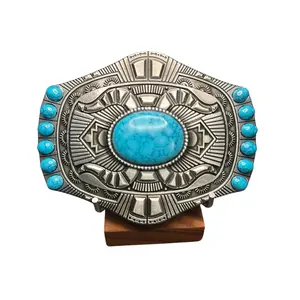 Lohkko Women's Western Belt Buckle with Turquoise Stones Vintage Brass Concho Design Southwestern Cowgirl Accessory for 1.5" Belts 4"x3"