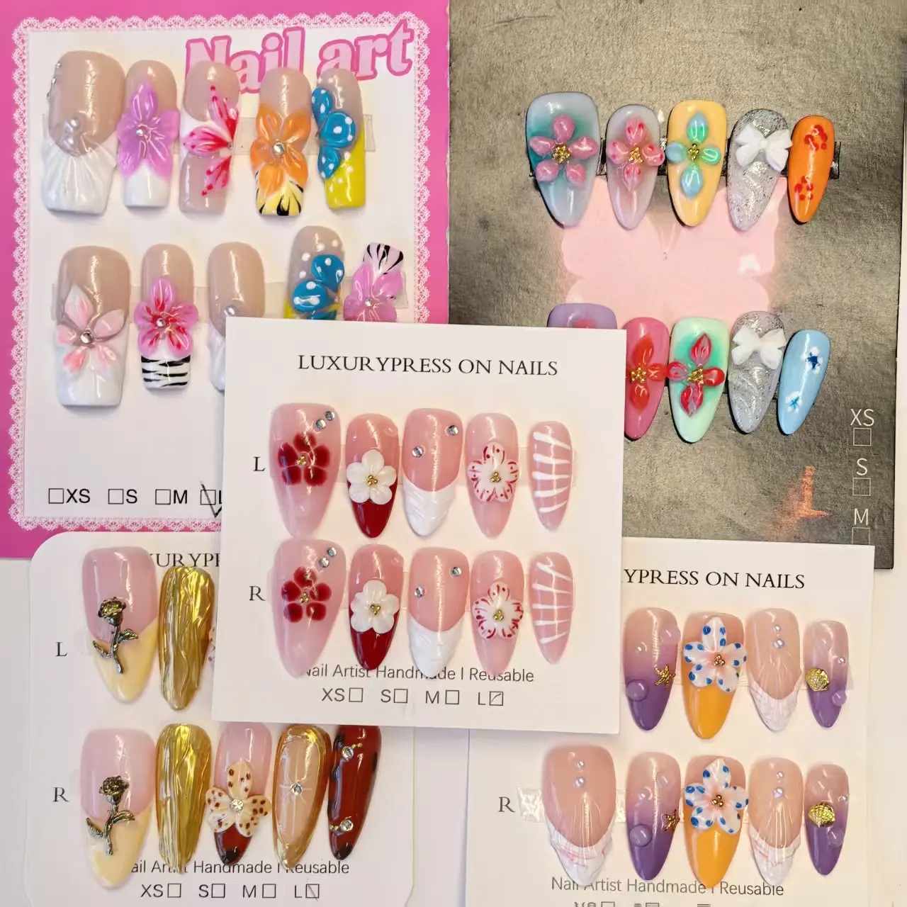 Clearance 5-Piece Plant-Based Luxury Handmade Press-On Nails Blind Box, Random High-End Chic Look Nail Art Grab Bag, Salon Quality Reusable Set, Salon Wear Discontinued & Sample Styles with Shiny Rhinestones