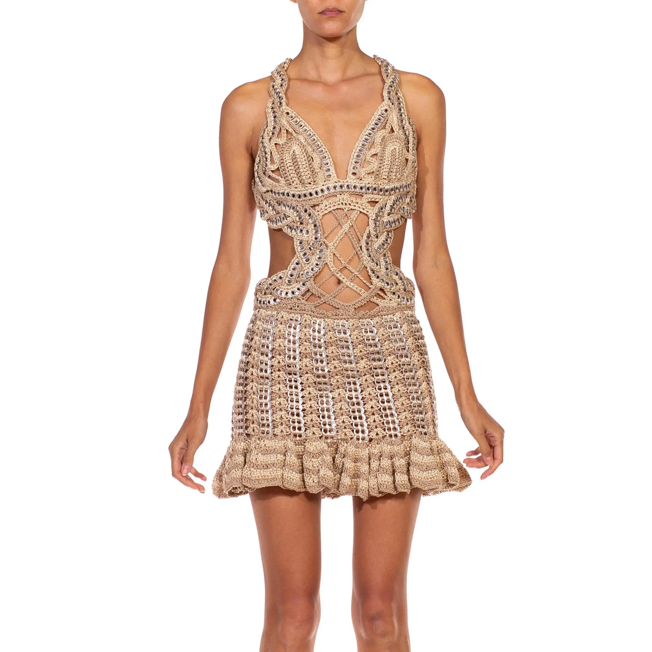 MORPHEW COLLECTION Beige Nylon & Metal Beer Tabs Handmade Crocheted Dress