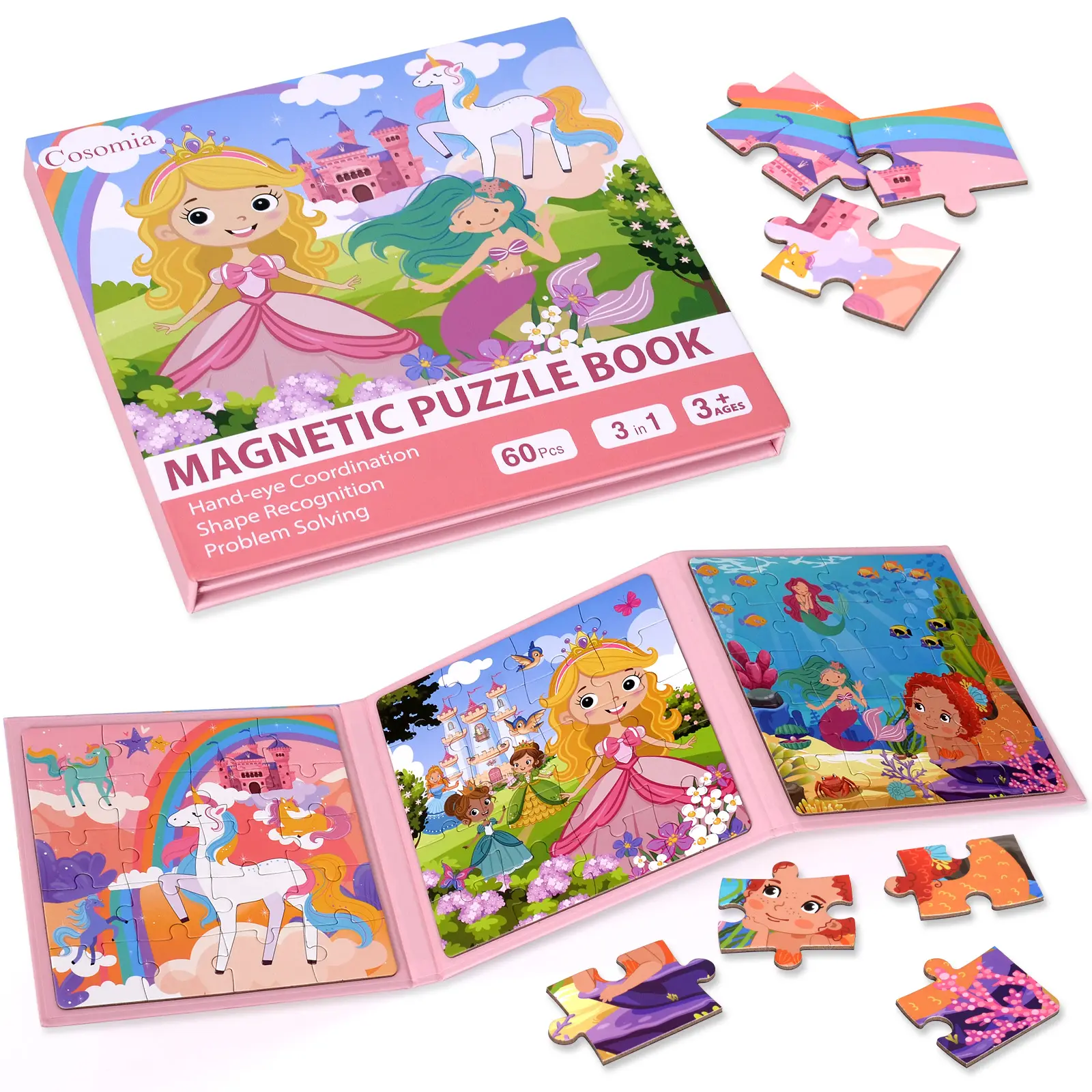 Cosomia Reusable 3-Sided Magnetic Puzzle Book, Preschool Learning Activity Book for 2-6 Years Children & Girls, Quiet Travel Toy with Princess & Unicorn Themes & Sticker Packs, Perfect Gift