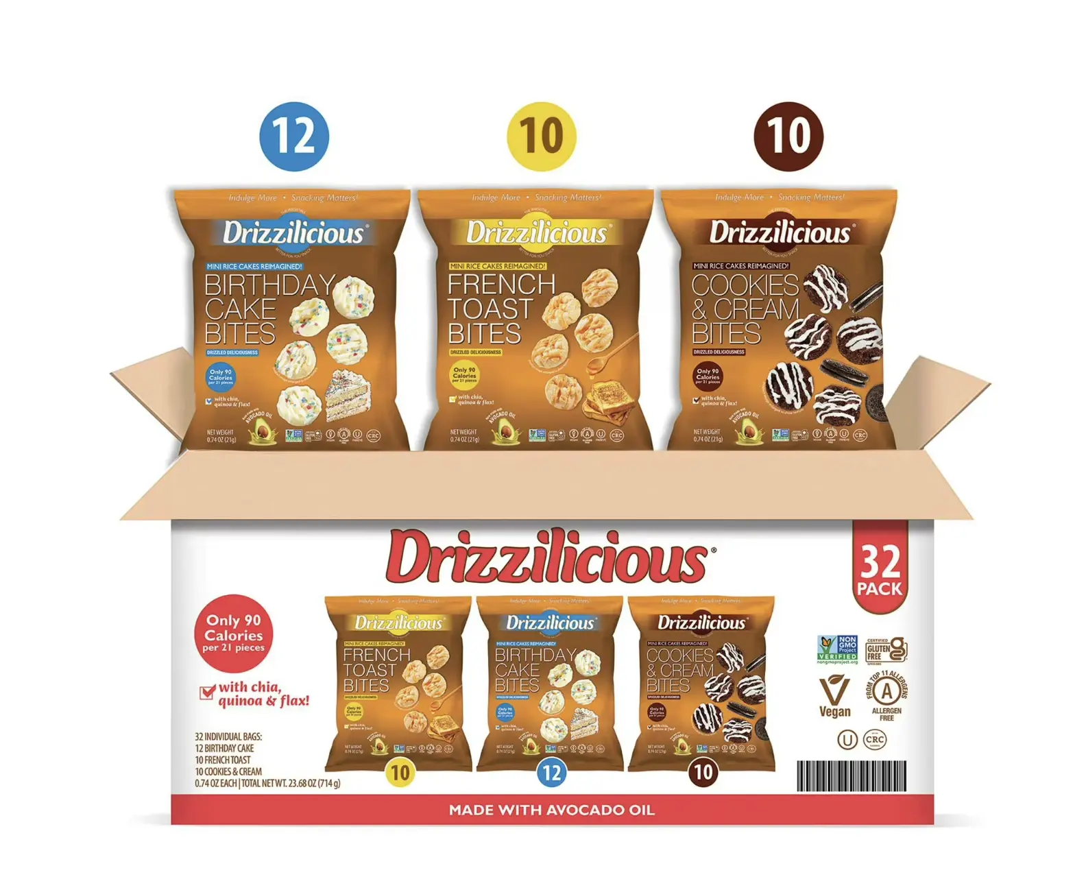 Drizzilicious Mini Rice Cake Bites Variety Pack - Birthday Cake, French Toast, & Cookies & Cream (32 x 0.74 oz)