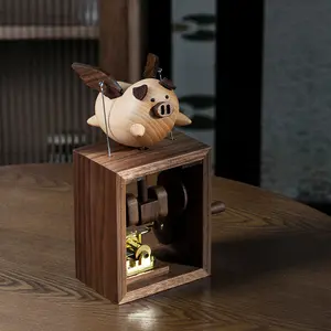 MUSIC BOX Hand-Crank Wooden Flying Pig Music Box - Walnut Leather Waterproof Collectible Figurine Ornament, Home Decor for Business Gifting & Stress Relief