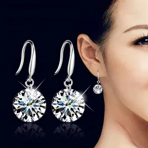 Women's New Korean Style Halo Cluster Earrings - Long Round Shape, Bright White Crystal Fashion Costume Jewelry