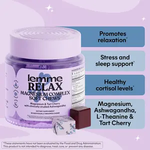 Lemme Relax Soft Chews with Magnesium Glycinate & Citrate, KSM-66 Ashwagandha + L-Theanine to Support Stress Relief, Cortisol Levels, Mood & Healthy Sleep Cycles, BlackBerry Lemonade (30 Chews)