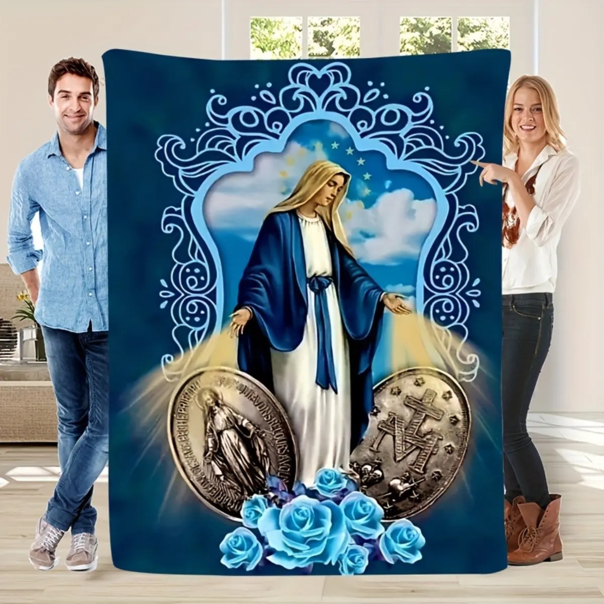 Our Lady of Guadalupe Virgin Mary Flannel Throw Blanket - 100% Polyester, 30x40in Deep Blue Religious Symbol Print, Breathable Durable Soft Furry, Home Room House Decor, Couch Snuggle, Multi-Size Bedding Gift for Mom (First Communion)