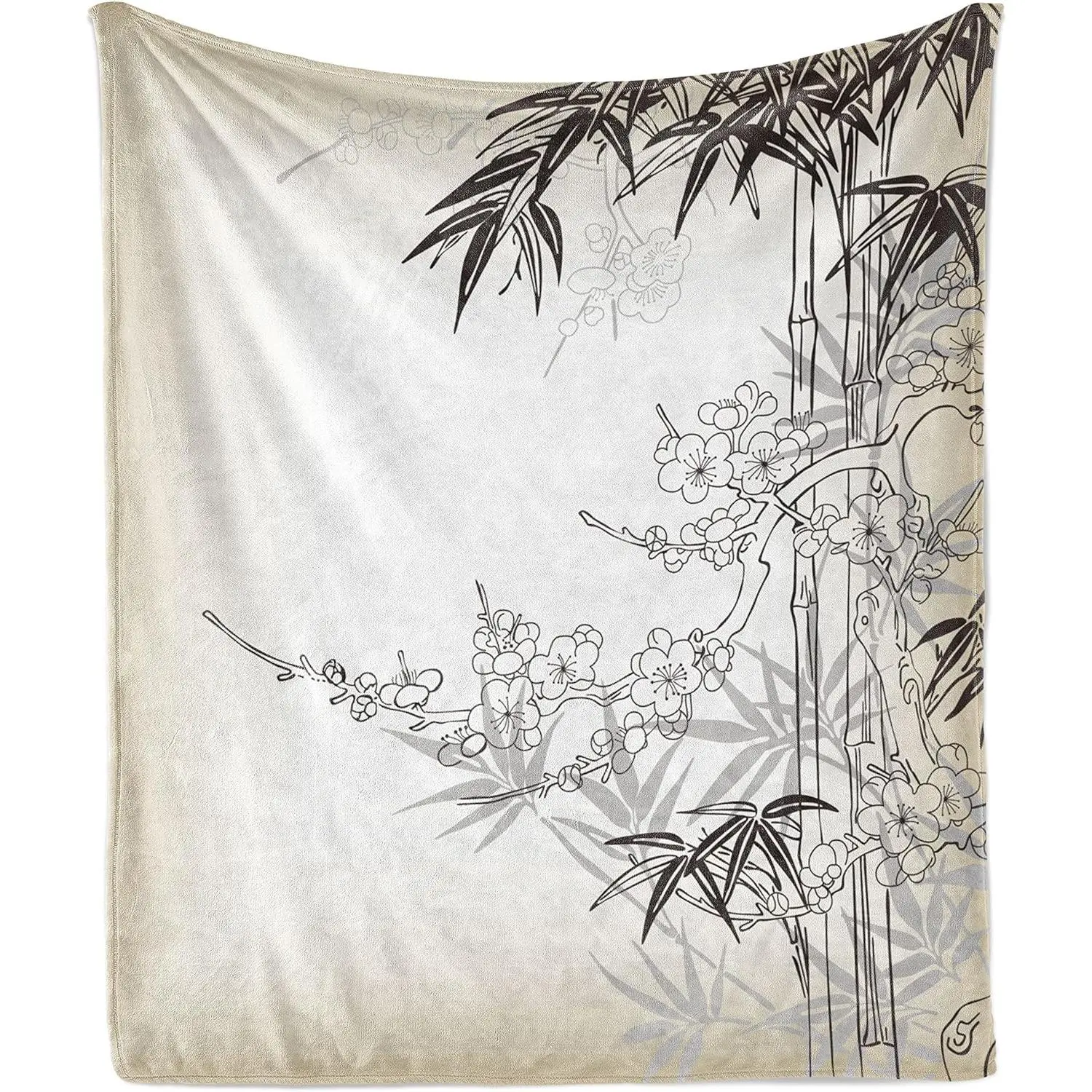 Lunarable Custom East Throw Blanket - Asian Style Art Graphic Flannel Fleece, Traditional Japanese Bamboo Sakura Tree Autumn Pattern, Soft 50"x60" Couch Cover for Adults, White Tan, Custom Blanket, Art Graphic Blankets
