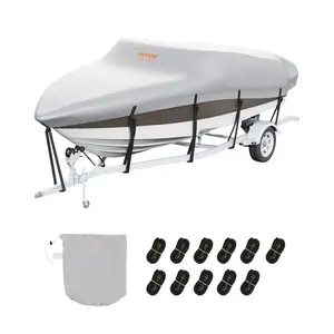 VEVOR Boat Cover, 23' - 24' Trailerable Waterproof Boat Cover, 600D Marine Grade PU Oxford, with Motor Cover and Buckle Straps, for V - Hull, Tri - Hull, Fish Ski Boat, Runabout, Bass Boat, Grey