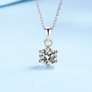 Moissanite Chain Necklace – 0.5CT 5mm Round Cut Solitaire Pendant, Classic Six-Prong Design, 925 Sterling Silver Non Tarnish Jewelry, Hypoallergenic Gift for Her, Ideal for Birthday, Anniversary, Valentine’s Day & Everyday Wear