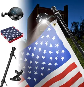 Black 6ft  Flag Pole Kit with Solar Light for Outside House, Outdoor Tangle Free Metal Flagpole with Holder Bracket, 3x5 Foot Embroidered Flags, 13 LEDs Light Solar , Work 10+Hours