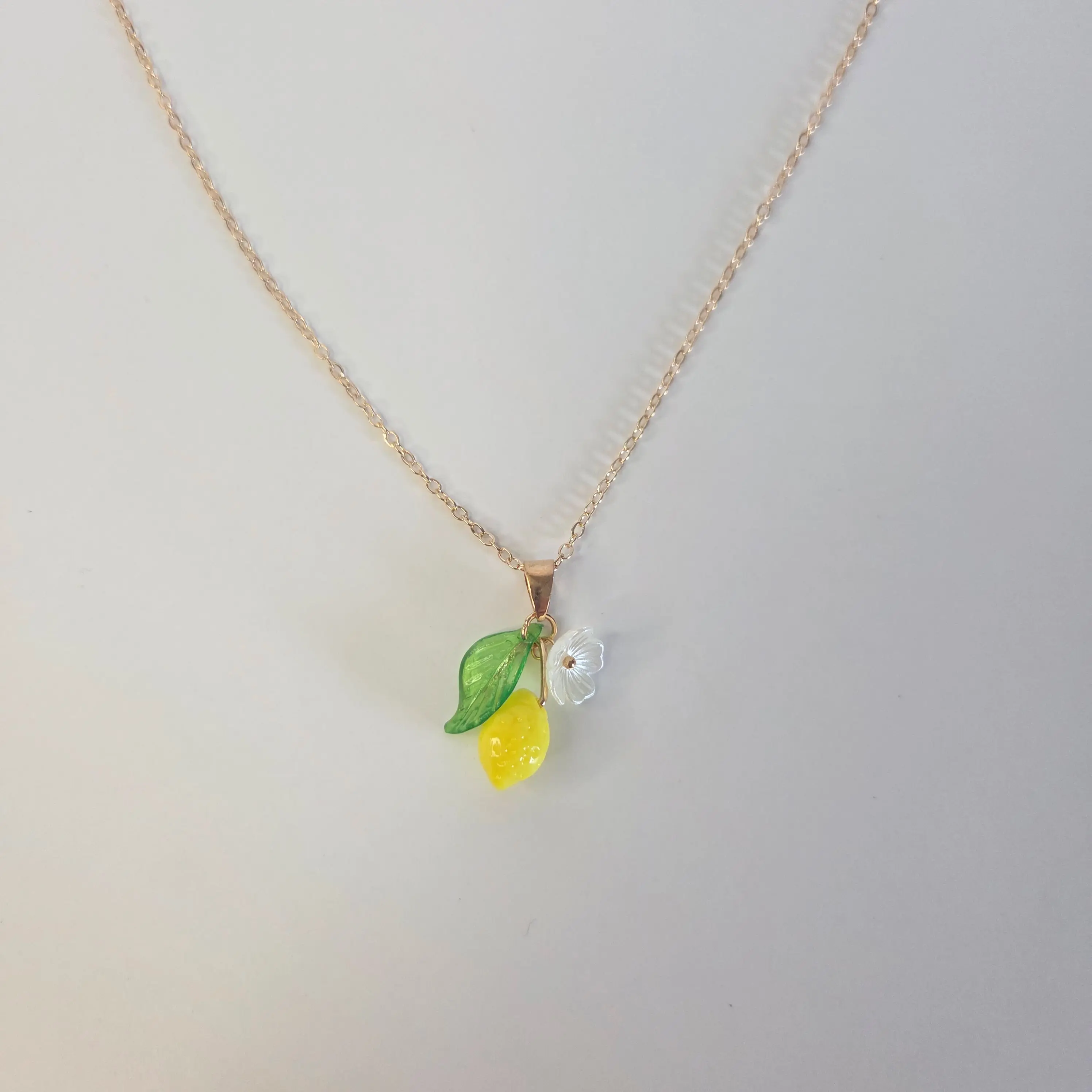 #181 Lemon with White Flower & Green Leaves with 18 inch with 2 inch Extender Necklace, Casual, Everyday Summer Fruit Food Jewelry