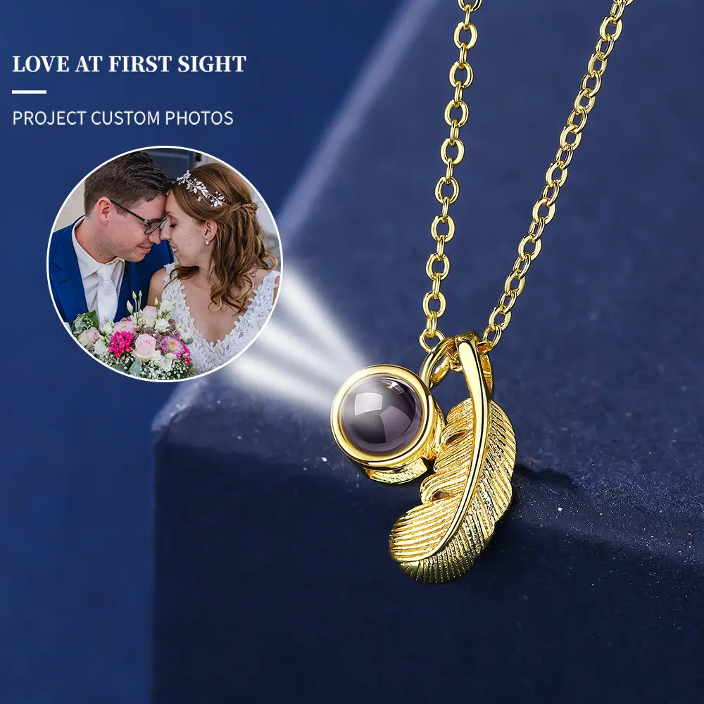 L&M k Gold Feather Projection Necklace Photo Customized HD Ins Niche Aesthetic Personalized Birthday Christmas Gift for Parents Significant Others Gifts for Women Mom Sister Necklace,custom gift necklace ad