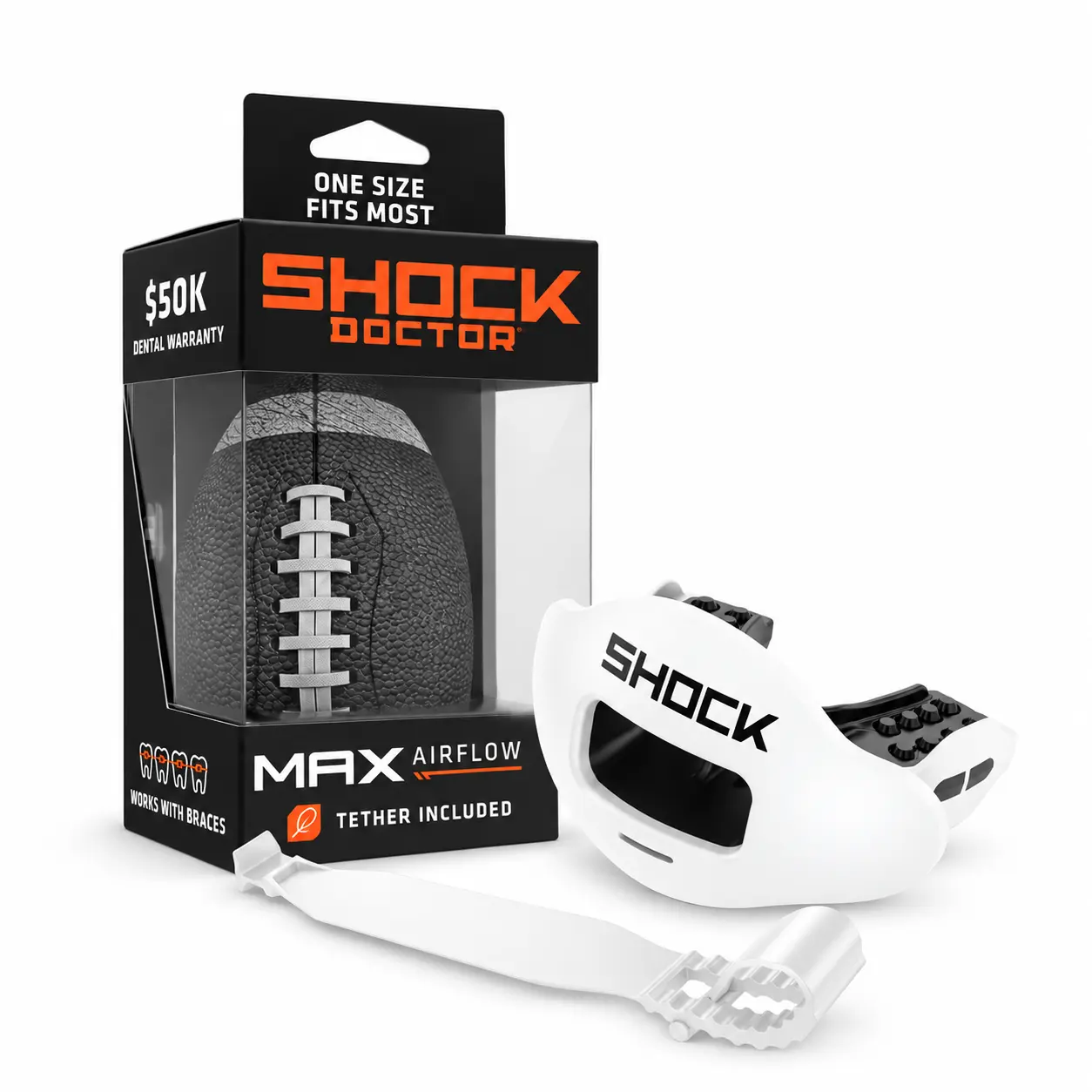 Shock Doctor Max AirFlow Football Mouthguard - White, Extra Large Breathing Channel, Full Protection, Comfortable Bite Pads, No Mold Fit