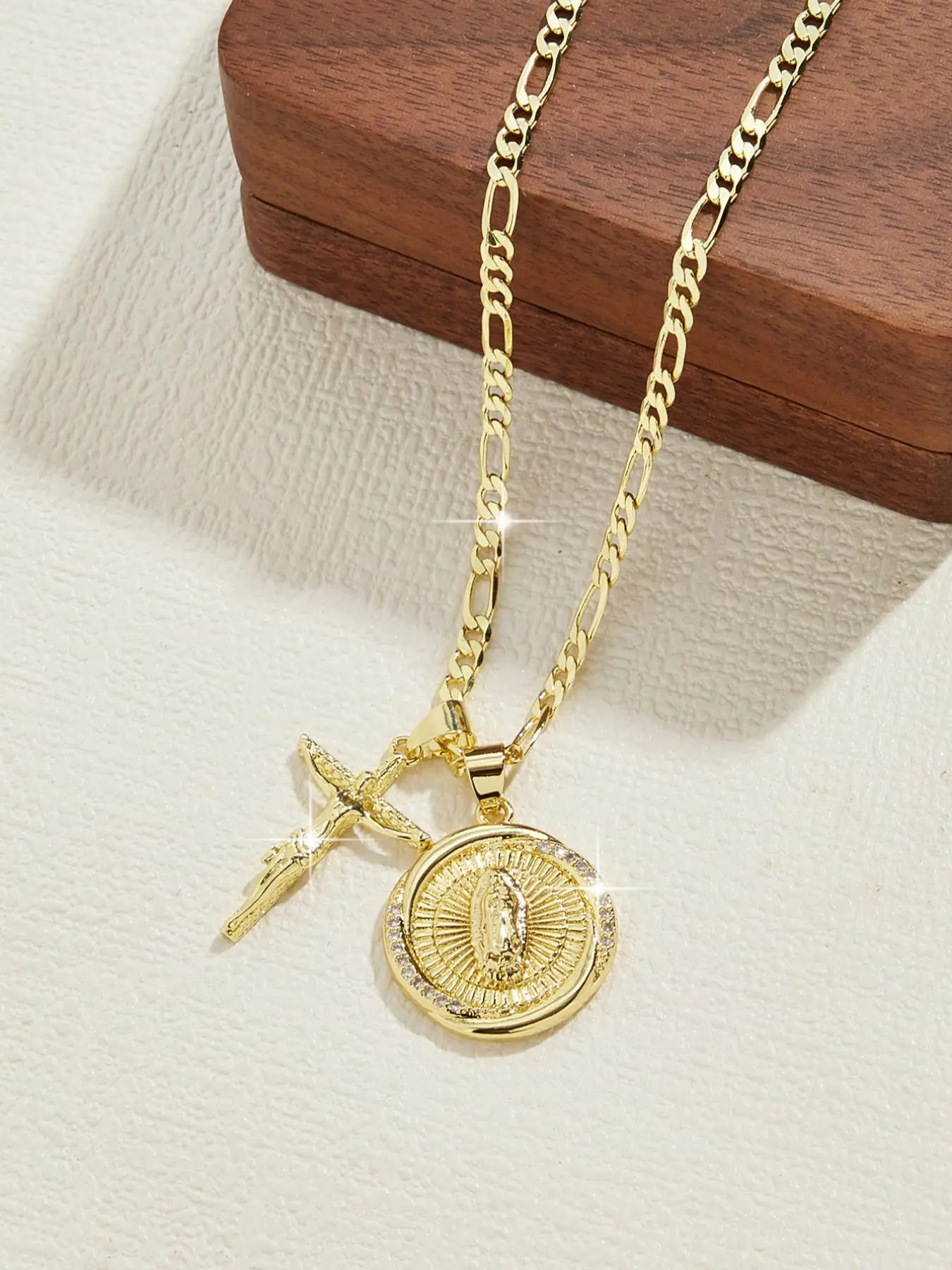 【Biack Friday】14K Gold Plated Jesus Crucifix Cross & Virgin Guadalupe Necklace, 24 Inch, Classic Faith Religious Jewelry, Holiday Gift, Cross Necklaces
