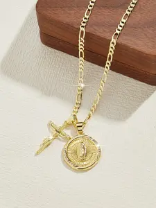 Fashion Punk Jesus Cross & Virgin Guadalupe Pendant Necklace, Cross Design Pendant, Fashion Pendants, Luxurious 14k Gold Plated, 24 Inch Flat Chain, Holiday Gift