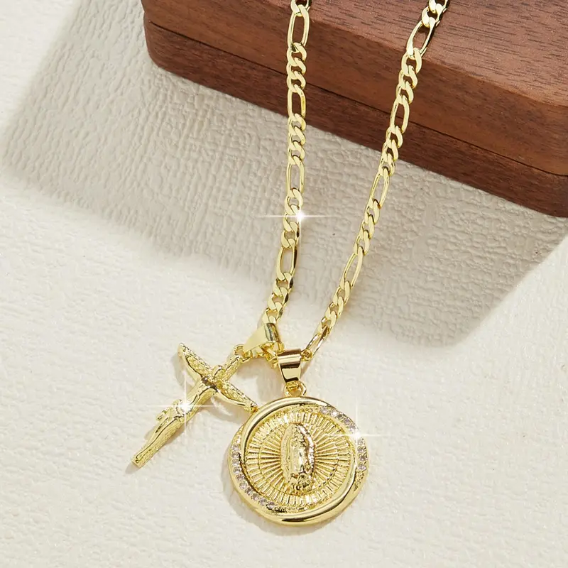 14K Gold Plated Jesus Crucifix Cross & Virgin Guadalupe Necklace, 24 Inch, Classic Faith Religious Jewelry, Holiday Gift, Cross Necklaces