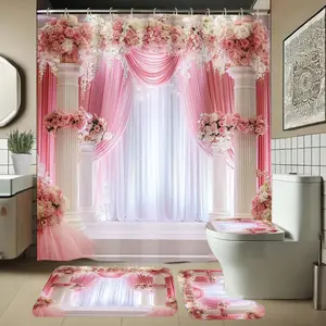 Indoor Pattern Bathroom Set, Shower Curtain Sets, Includes Soft Shower Curtain, Mat, Toilet Seat Cover, Elegant Decoration, 1/4 Piece Bath Ensemble