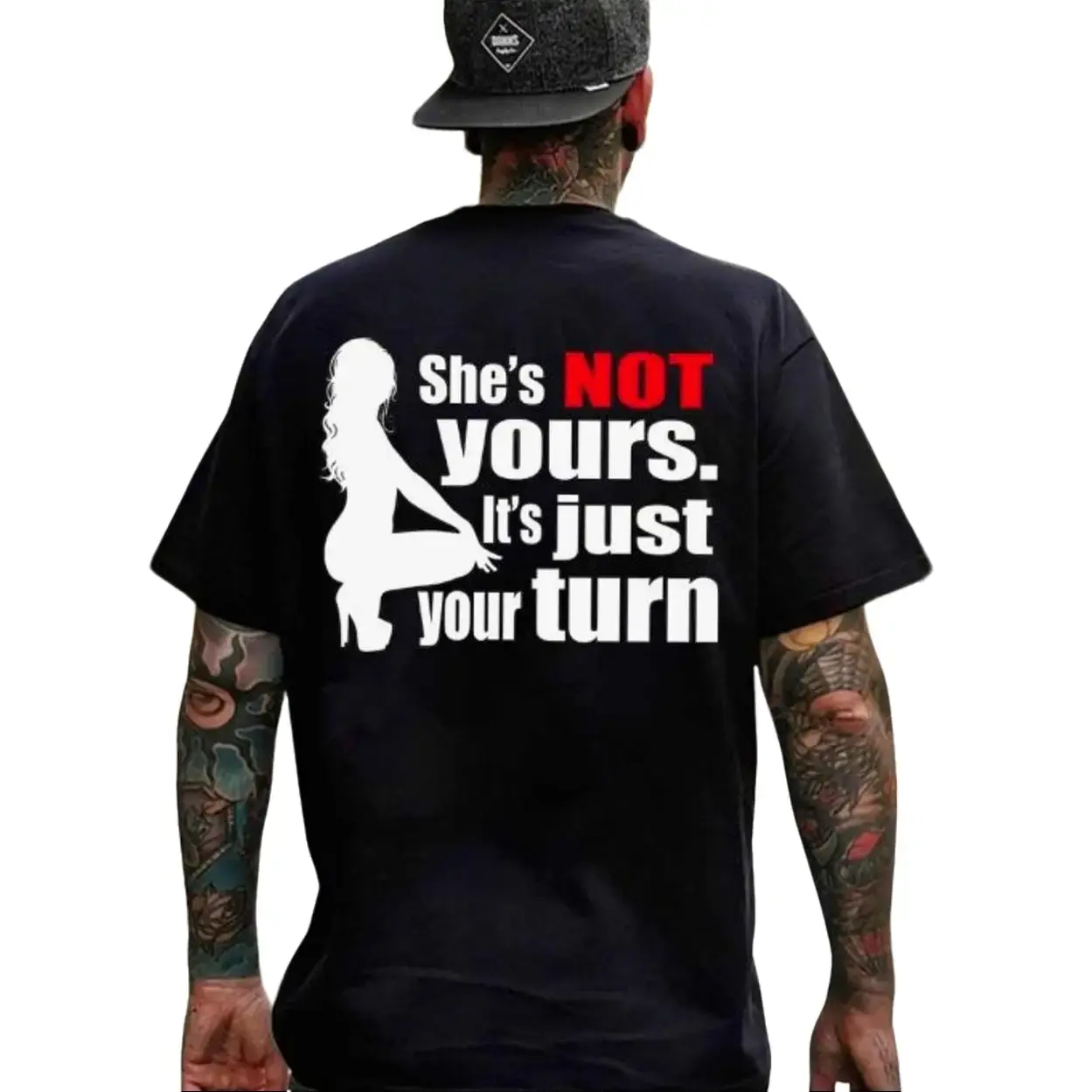 Men's Cotton Short-Sleeve Casual Streetwear Top - "She's Not Yours It's Just Your Turn" Naked Lady Print T-Shirt