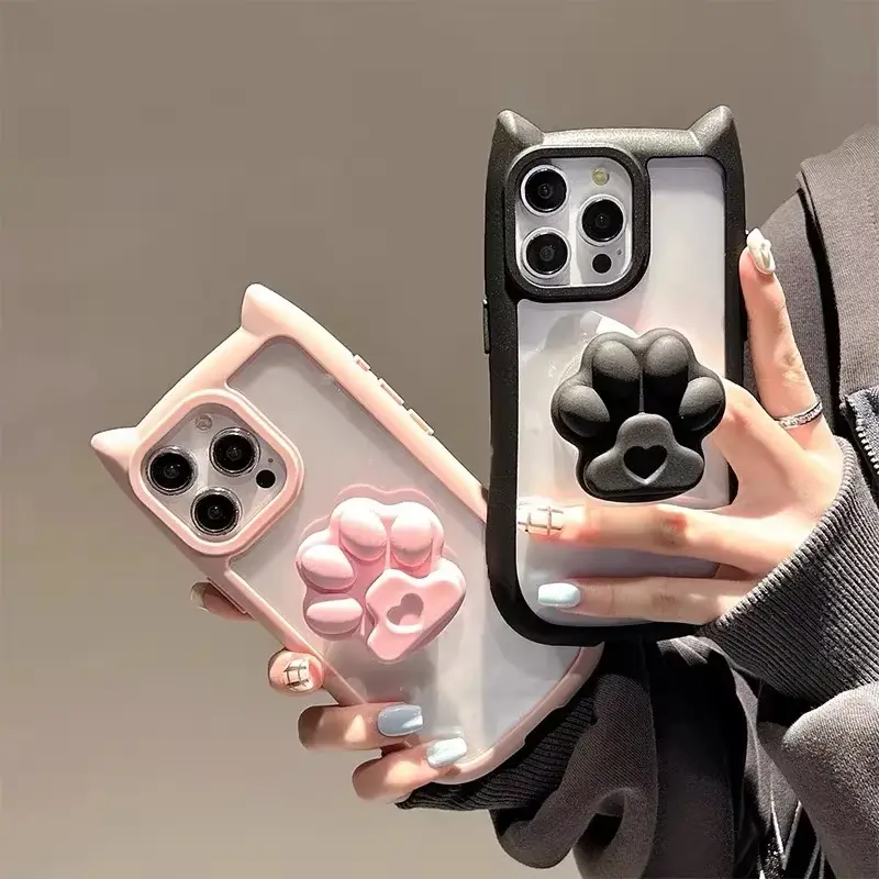 Acrylic Transparent 3D Cat Ear Claw Grip Tok Holder Phone Case, Abrasion-Resistant Casing for iPhone 11,12,13,14,15,16 Pro Max Plus,X,XS,XR with Full Protection
