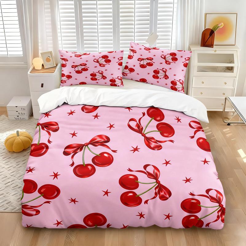 Pink cherry and bow print bedding set, cover and pillowcase combination, suitable for family bedrooms and hotels, Soft Bedding Set