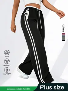 Plus Size Women's Wide Leg Pants with Drawstring Elastic Waist, Lace Waist Design, Side Stripes and Pockets for Versatile Wear, Athleisure Style Pants