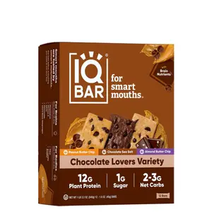 IQBAR Chocolate Lovers Variety (12 Bars) - Best Selling Flavors: Peanut Butter Chip, Almond Butter Chip, and Chocolate Sea Salt - 12G Plant Protein, No Added Sugar, High Fiber, Clean Ingredients