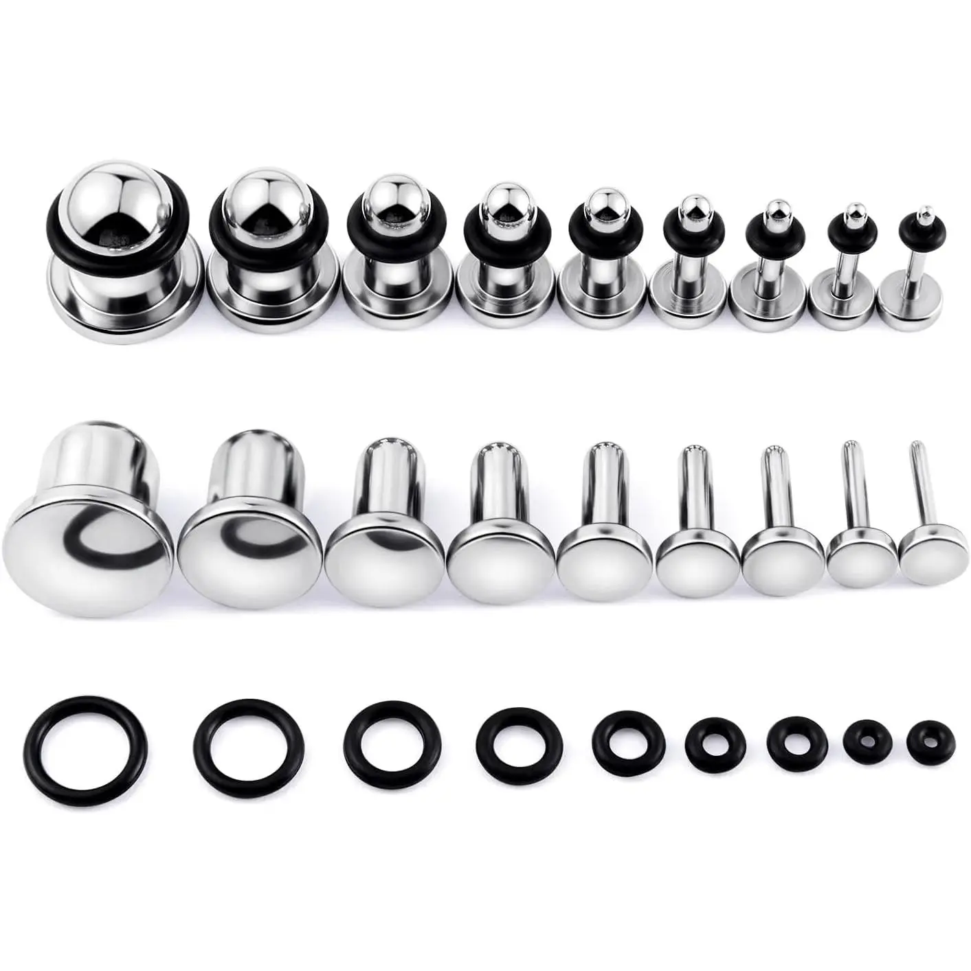 18PCS 14G-00G Ear Stretching Kit Single Flat Top Gauges Plugs Surgical Steel Ear Expander Body Piercing Jewelry