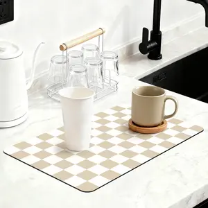 12" x 20" Checkered Absorbent Dish Drying Mat for Kitchen Counter, Beige Coffee Bar Mat for Espresso Machine Coffee Countertops Accessories