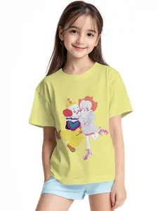 Double Clown Digital Printing Summer Fashion Girls' Clothing, 100% Polyester Made for Active Kids, Cute Girls' Short-Sleeve T-Shirts, Summer Casual Children's Wear, Outdoor Sports T-Shirts