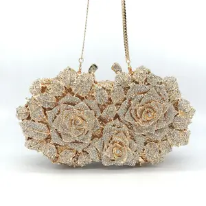 XIYUAN Rose flower Women Crystals Evening Clutch Purse For Wedding Party Elegant and Shinny Design  Diamonds Day Clutches Lady Big Rhinestones Handbag Female Gemstone Clutch Purses Female Hanbags Natural Stones Evening Bags Diamonds Day Clutches Bags