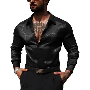 Men Metallic Satin Dress Shirt Luxury Jacquard Long Sleeve Casual Button Down Shirts Silk Shirts