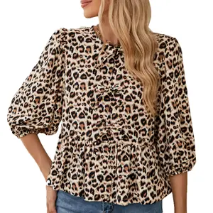 Tie Front Tops Women Y2k Leopard Print Puff Sleeve 3/4 Length Peplum Cute Clothes