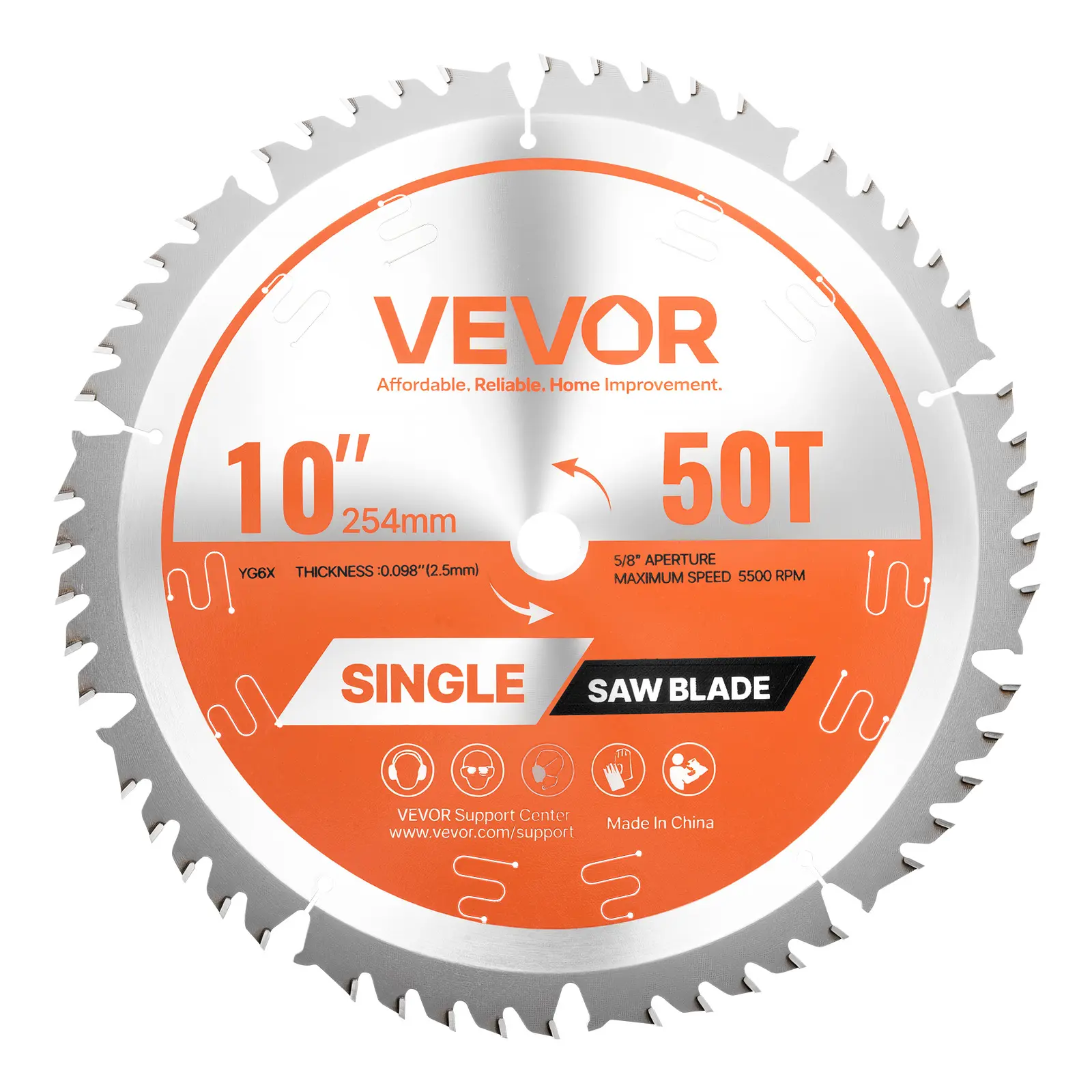VEVOR 10 Inches Single Blade, 50T Alloy Steel Circular Saw Blade, Precision Tooth Design, 15.875 mm Arbor Mount, 5500 rpm, Noise-Reducing Heat Vents, for Woodworkers, Softwood/Oak/Particle Board (Fine Cuts)