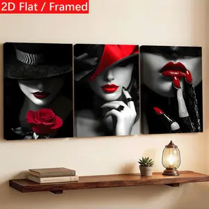 2D flat wall decoration, 3-piece framed canvas wall art set ,Modern fashionable female red lips rose art paintings. Suitable for aesthetic wall decoration in living room, bedroom, dining room, office, and