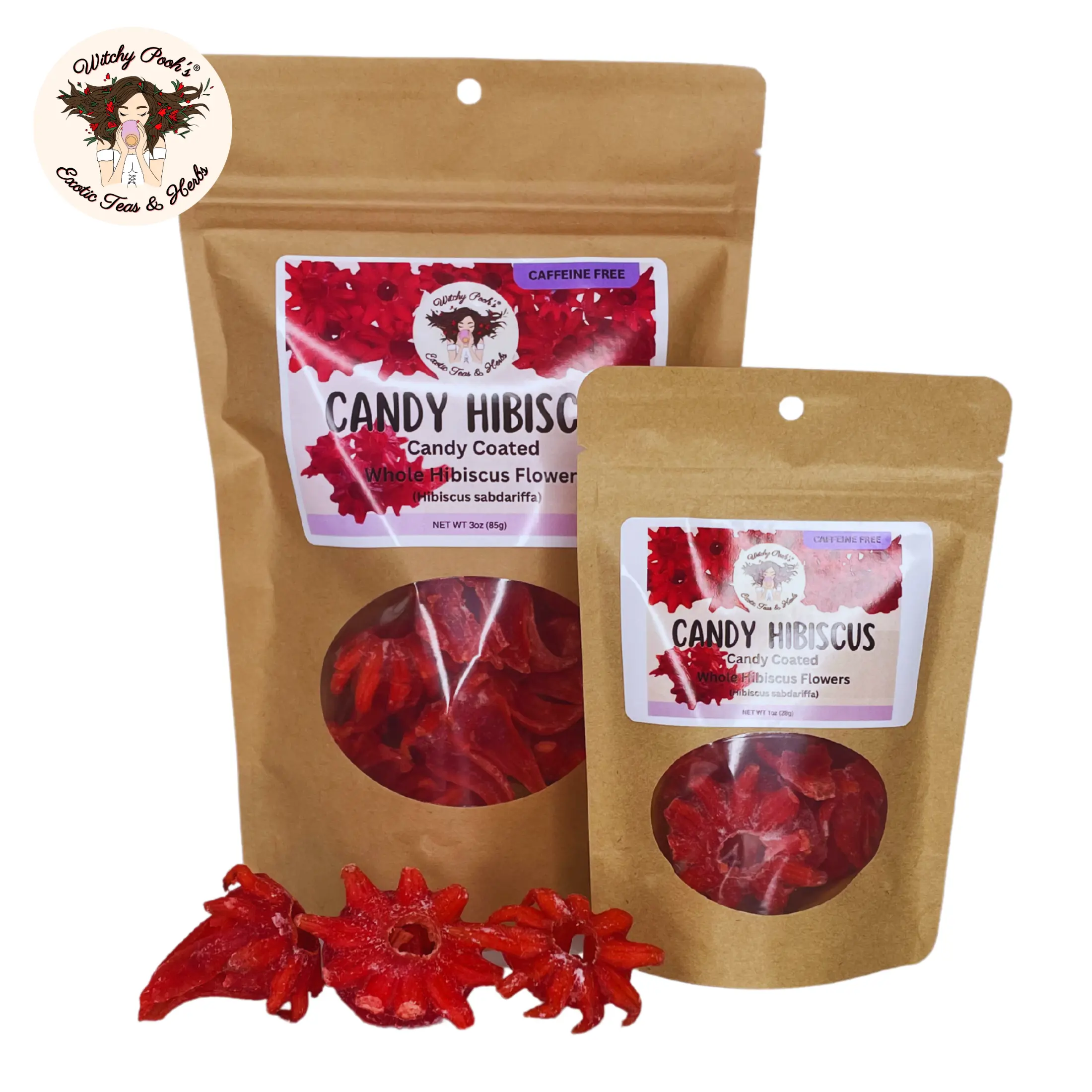 Witchy Pooh's Candy Hibiscus - Sweet Candy Coated Whole Hibiscus Flowers, Caffeine Free