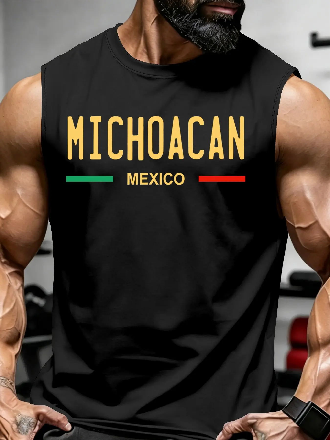 Michoacan Mexico Theme Sleeveless Workout T-Shirt, Flag Color Letter Print, Men's Elastic Fitted Training Top, Sporty H-Type Silhouette, Sports Vests, Sports Activewear Vest, Sports Tank Tops