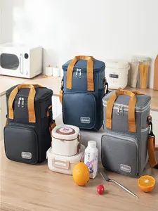 Portable Crossbody Design Dual-Layer Simple Solid Color Insulated Lunch Bag Outdoor Picnic Bento Cooler Bag Thermal Pack